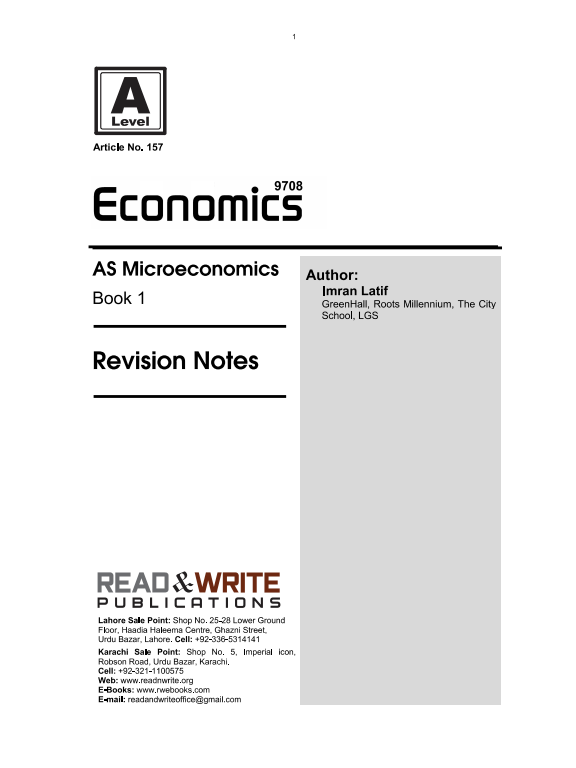 157 Micro Economics AS Level Revision Notes Series Book 1 by Imran Latif