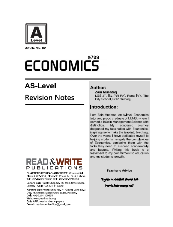 161 Economics As Level Revision Notes Series By Zain Mushtaq